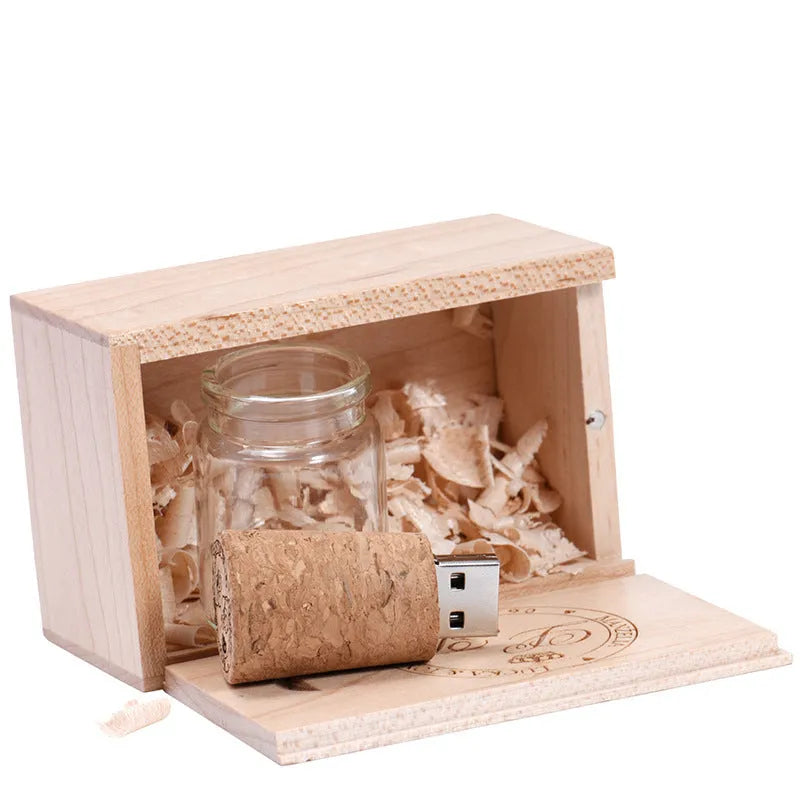Chocolate brown wooden USB drive in a drift bottle storage disk shape with custom lettering on the side.