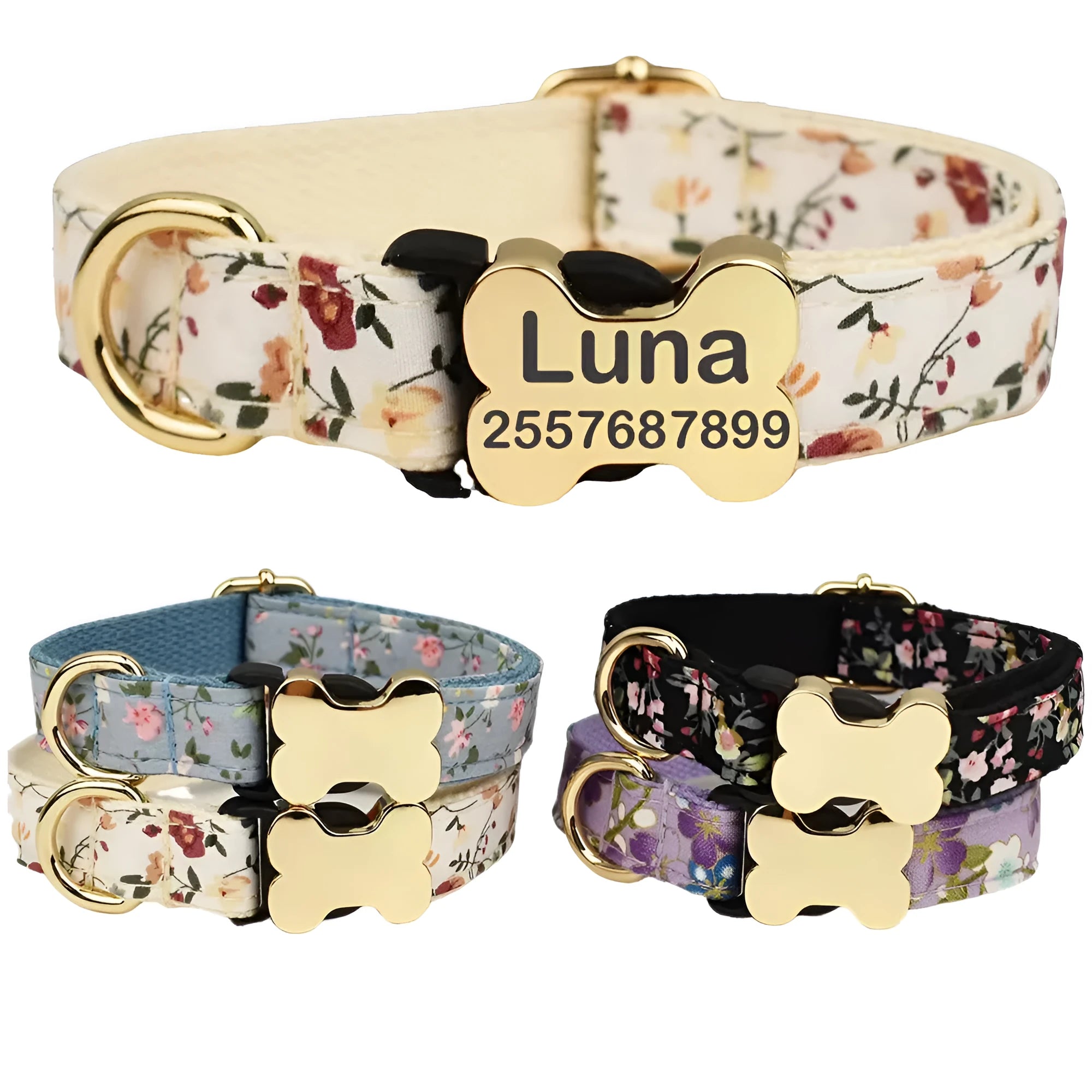Nylon dog collar with bone-shaped buckle and grid print in multiple colours.