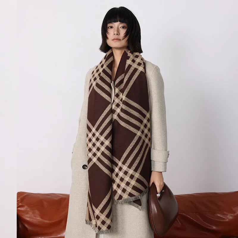 Imitation cashmere scarf in brown colour with tassels, measuring 185cm by 65cm
