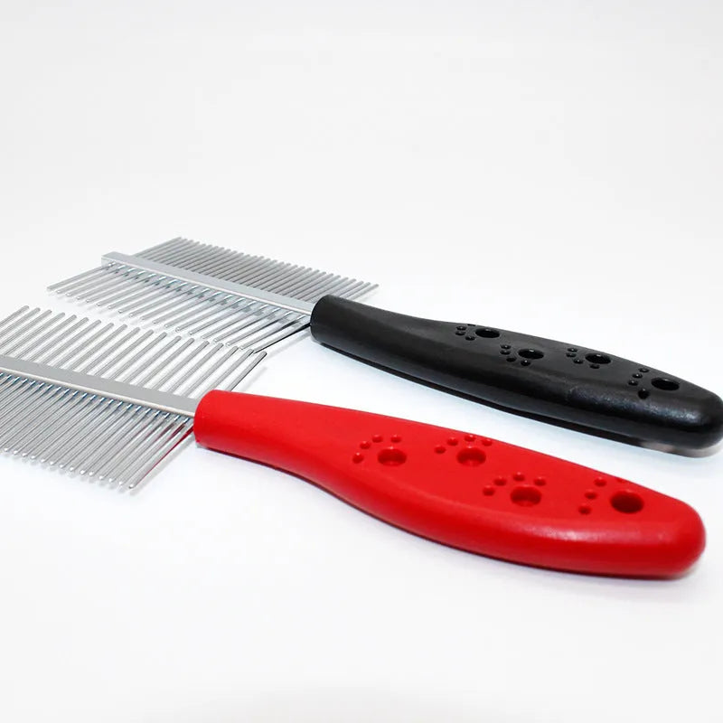 Double-row pet grooming comb with red handle and stainless steel needles on white background