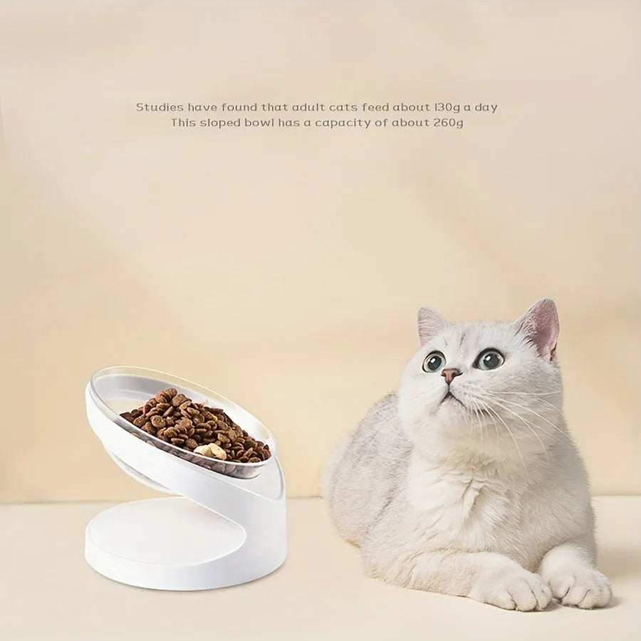Clear white elevated cat food bowl with ergonomic tilt design for neck support