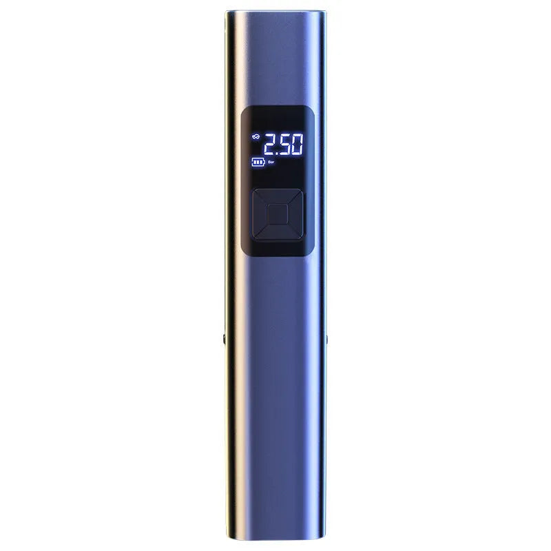 Silver and black portable car air pump with digital display, shown with adapters and USB cable on a table.