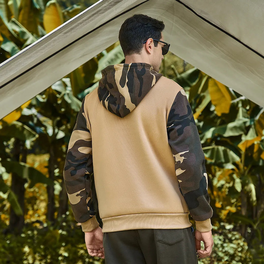 Men's casual sweater, camouflage colour block, hooded, polyester, Army Green colour, front view