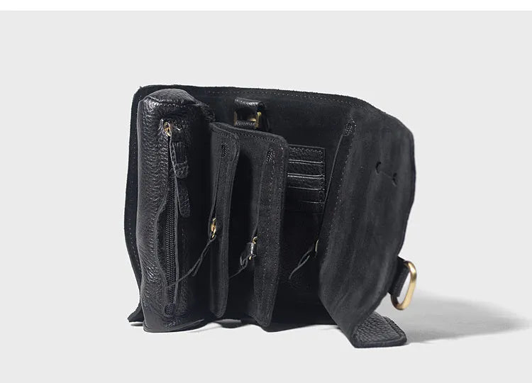 Handmade vintage leather wallet in black or dark brown with tape closure, dimensions 20x10x4cm