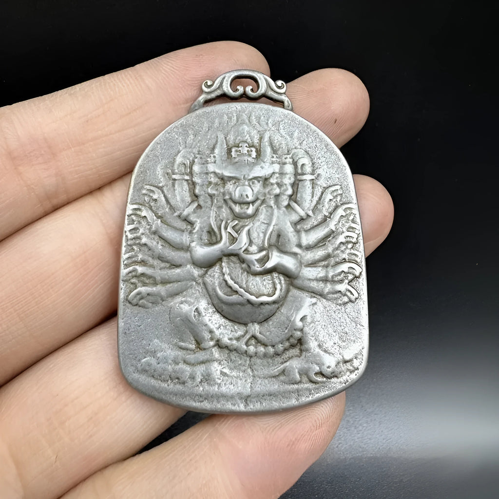 Iron Chinese style geometric pendant ornament with Buddhist deity design for wall hanging decoration.