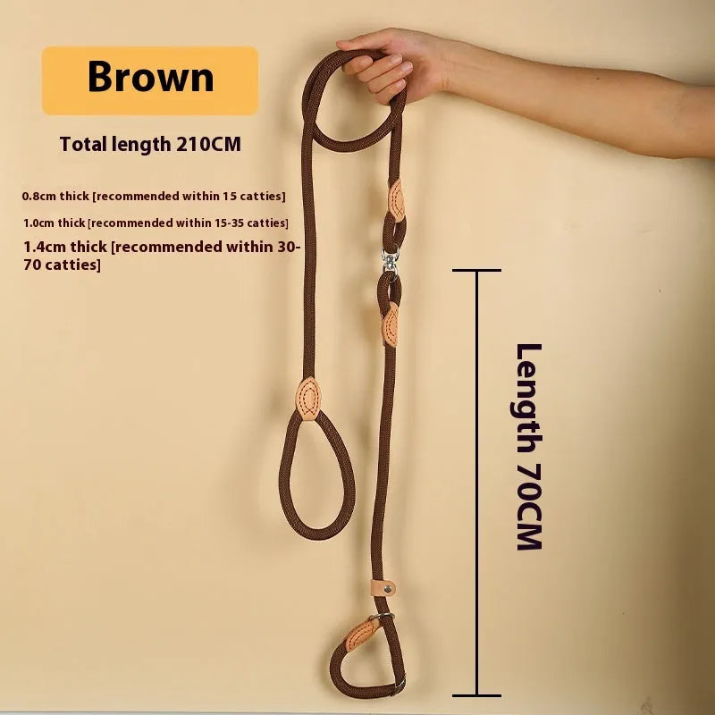 Brown nylon dog leash with hand holding rope design measuring 2.1 metres in length