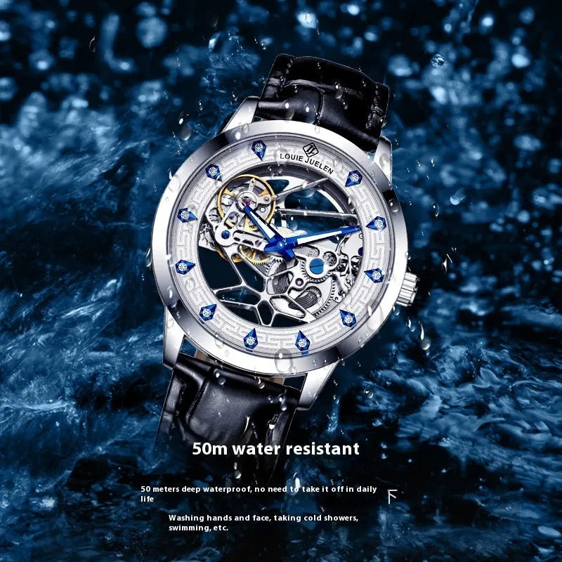 Men's silver mechanical watch with white dial, blue hands, and black genuine leather strap