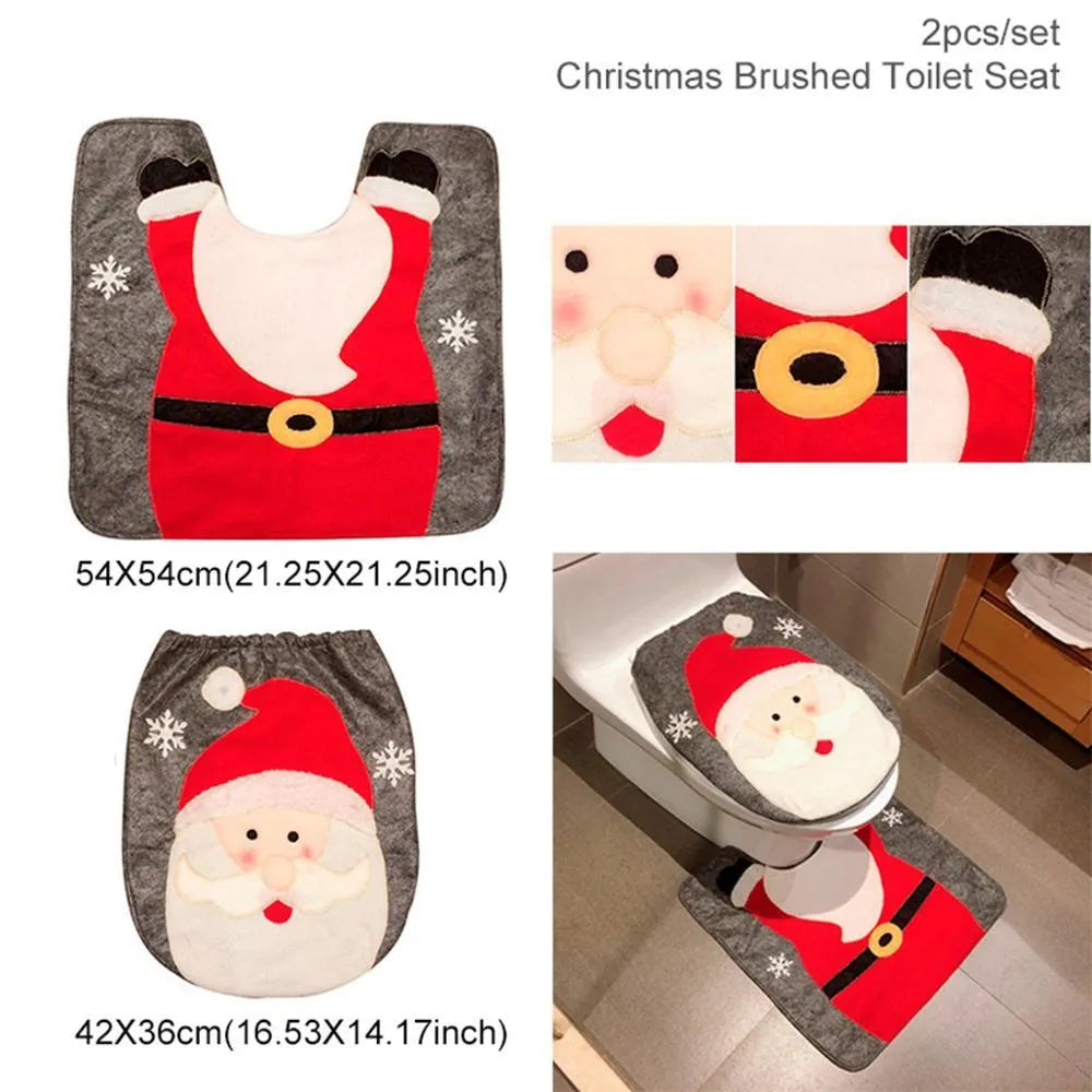 Christmas bathroom set with Santa design flannel shower curtain, toilet seat cover, and matching floor mats