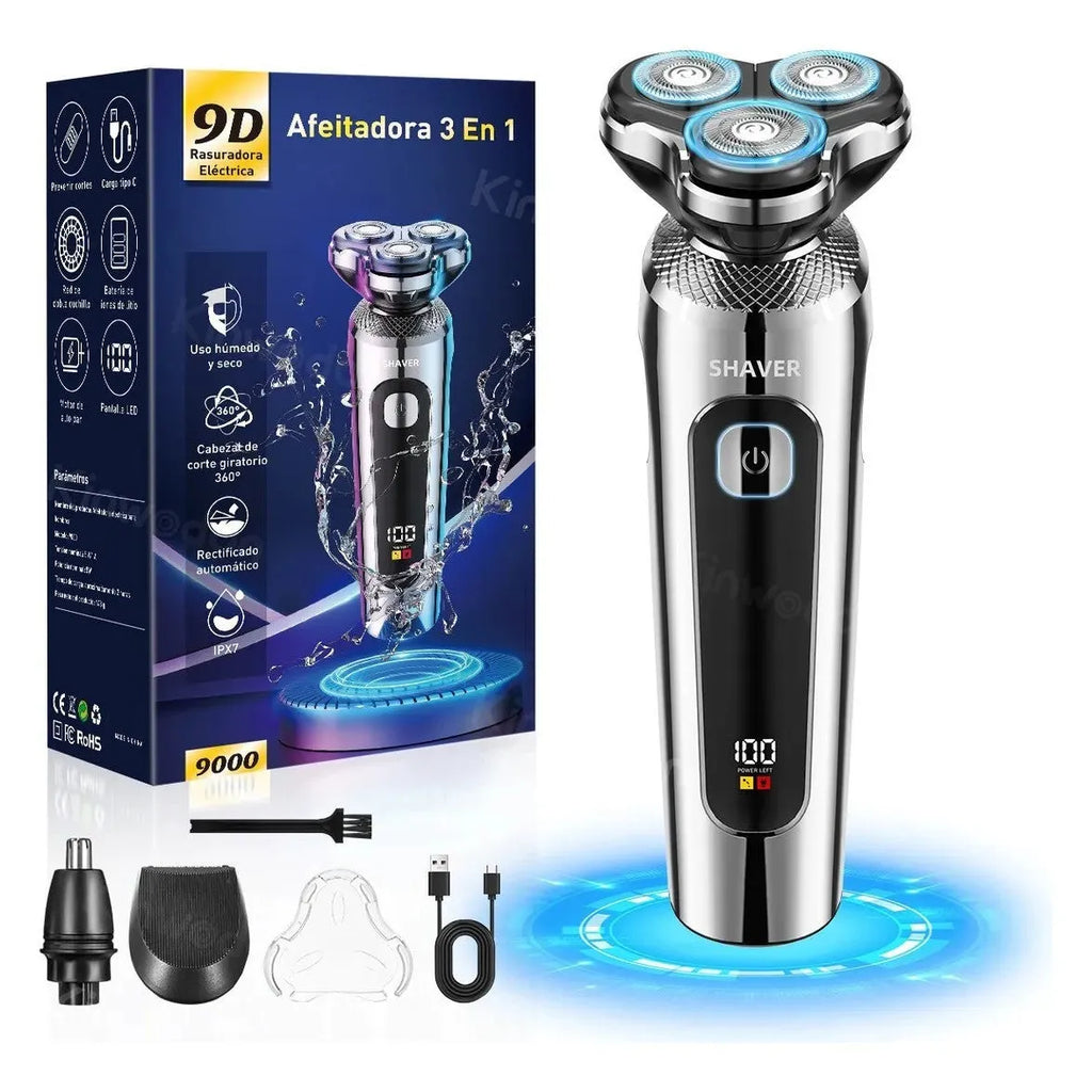 Digital display USB rechargeable beard scraper with washable floating cutter head on five-in-one base.