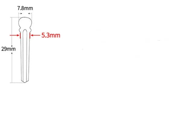 Six matt black ebony folk guitar bridge pins with 5.3mm bayonet diameter on a plain background.