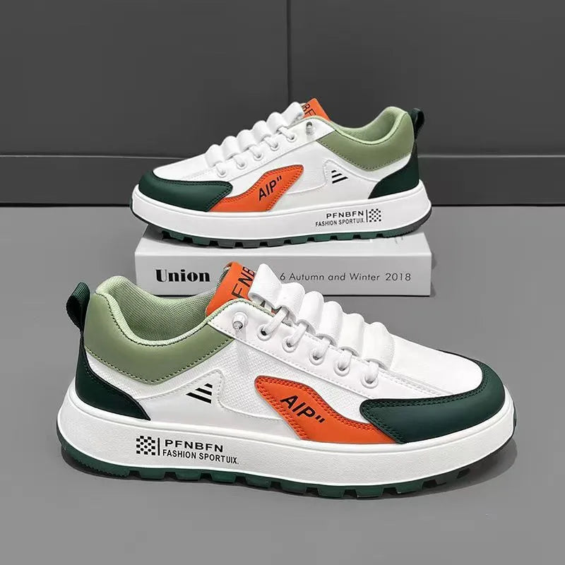 Men's white and black casual sports shoes with round toe and artificial PU leather upper