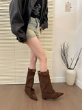 Women's retro Western mid-calf boots with belt buckle, square toe, and front lace-up in khaki colour