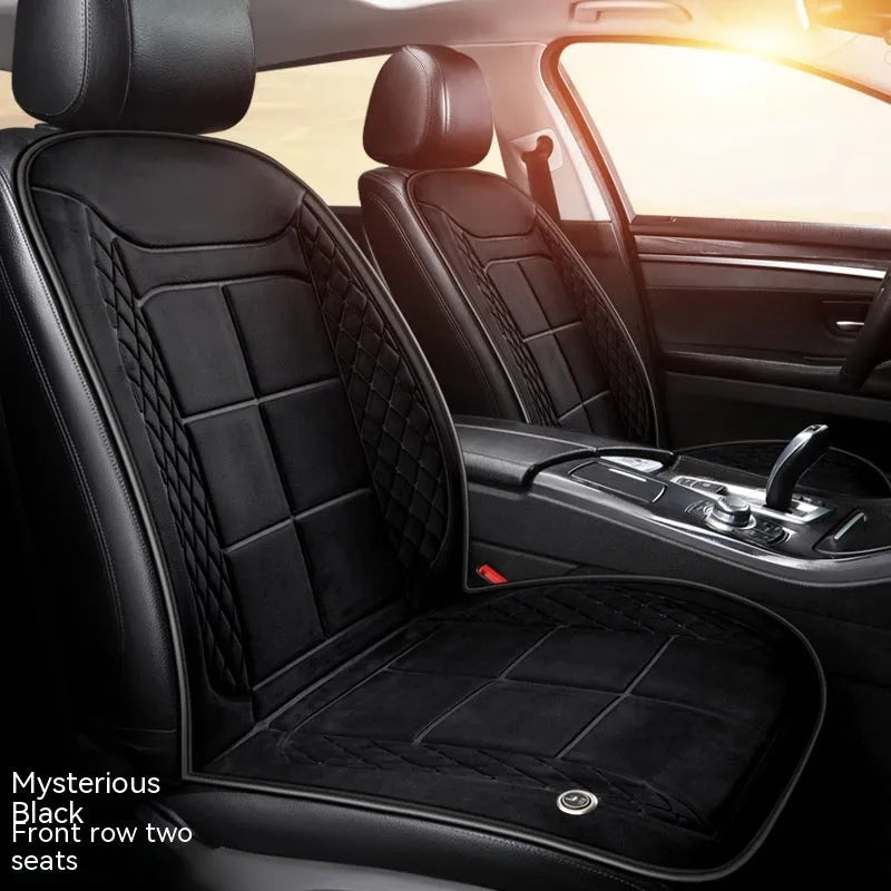 Heated car seat cushion in beige, black, and coffee colours showing single, double, and rear seat size options