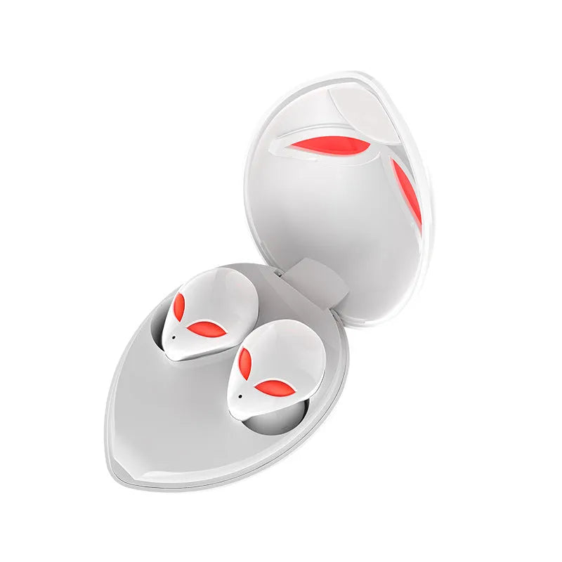 Starman T8 Alien design Bluetooth wireless earbuds with charging case showing coloured LED lighting effects