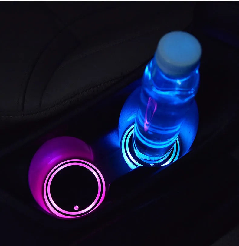 68mm car cup holder LED coaster with multicolour lighting and USB charging cable