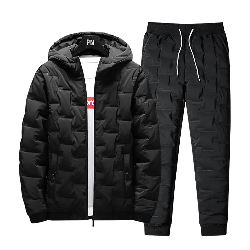 Men's autumn winter suit set with hooded long sleeve polyester jacket and matching trousers in black and grey options