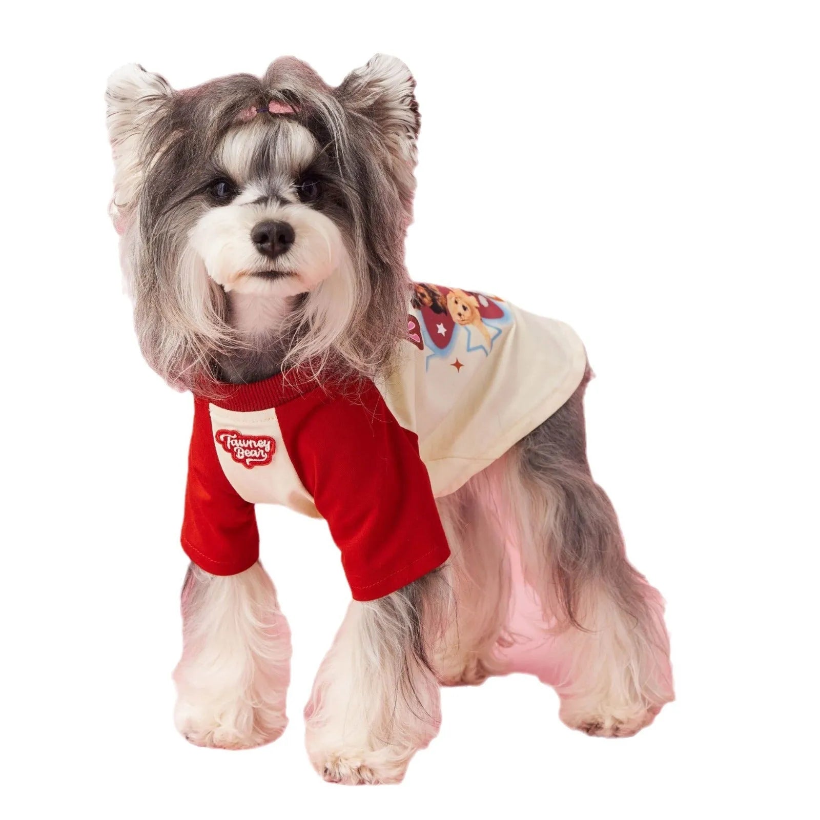 Cotton summer dog clothes with contrast colour embroidery in red or pink, available sizes XS to XXL