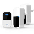 White plastic wireless doorbell system showing receiver and self-generating push button with 150 metre range