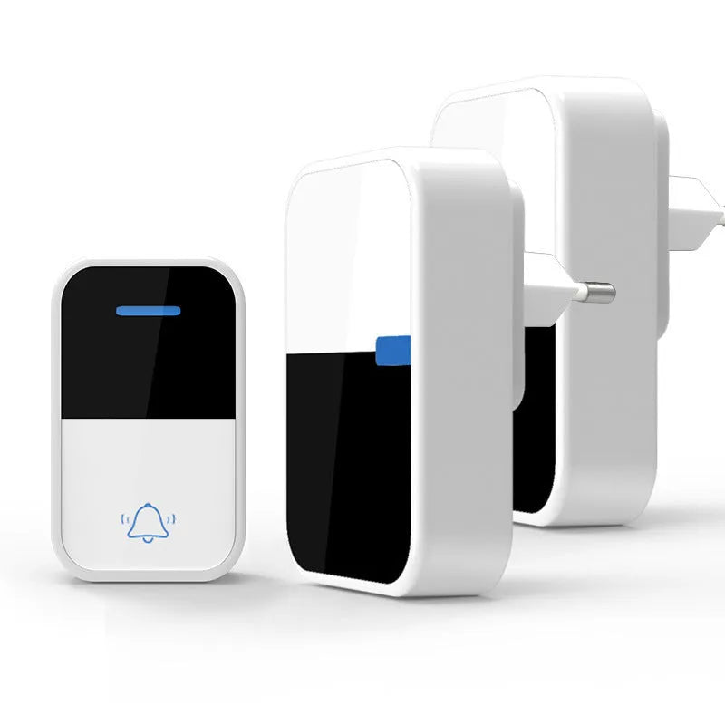 White plastic wireless doorbell system showing receiver and self-generating push button with 150 metre range