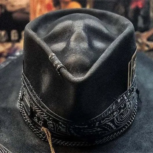 Handmade wool skull hat with conical crown and embroidered design