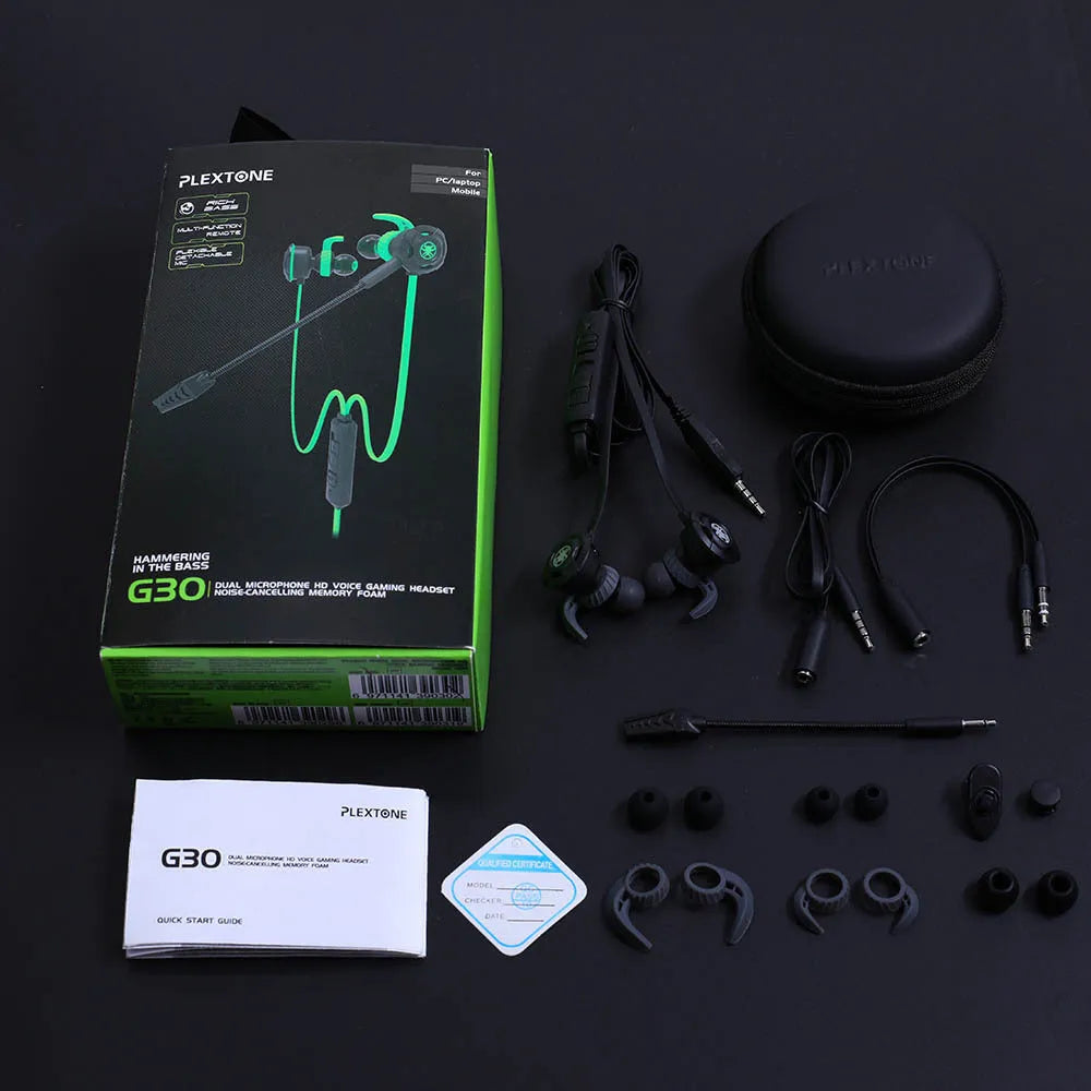 Shuangmai wired in-ear gaming headset in black, green, and red colours with a 1.5cm cable.
