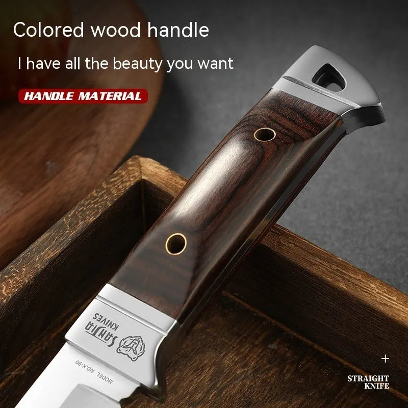 National style stainless steel camping fruit knife shown with its leather carry case.