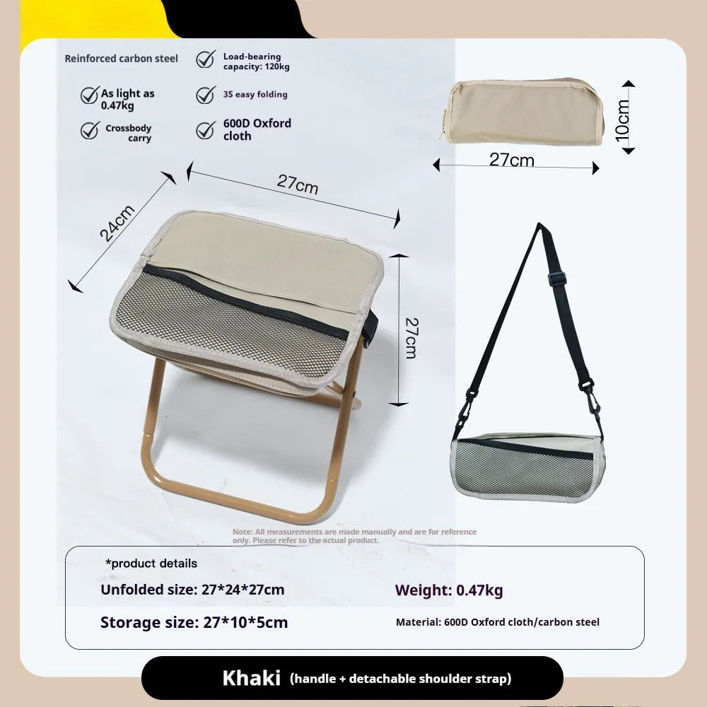 Lightweight foldable outdoor camp chair stool in Oxford cloth, shown in a khaki colour, folded compactly.