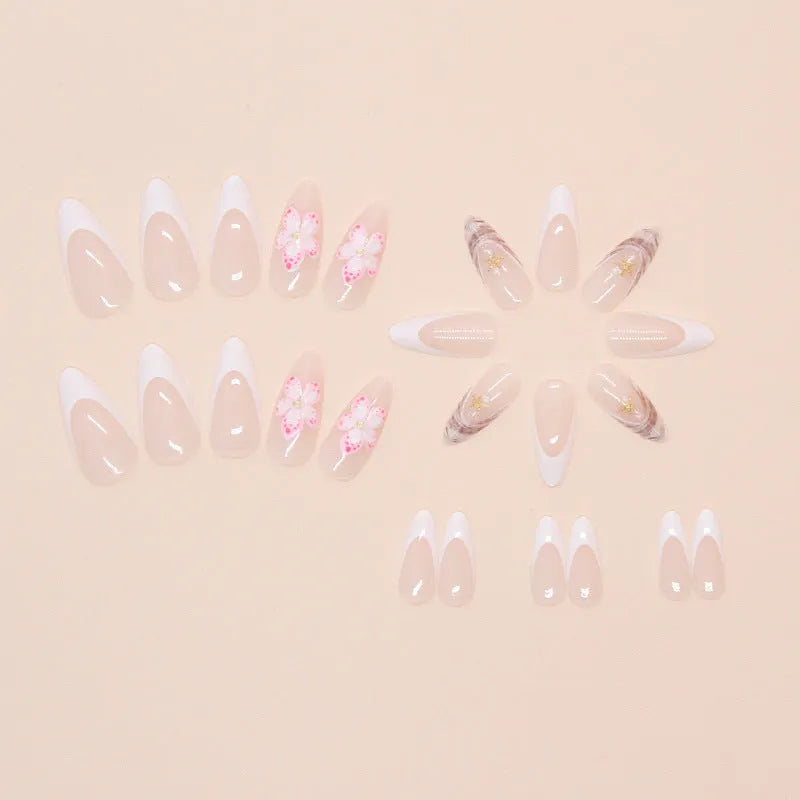 French style fake nails with rock pattern patches and simple flower design in colour W1764