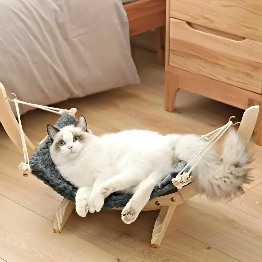 Solid wood cat and dog bed hanging hammock in grey canvas and velvet