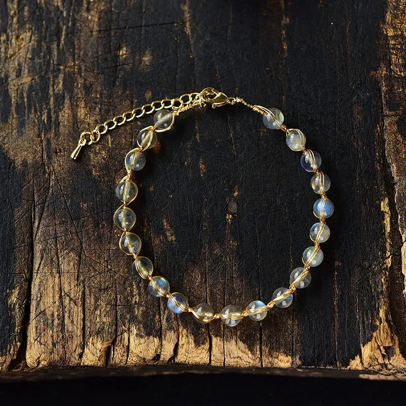 14K gilded bracelet with 6mm natural crystal blue moonstone beads and starry sky colour matching