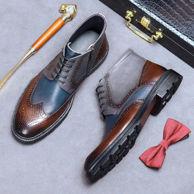 Men's Coffee Blue leather brogue boots with stitching detail and a low square heel.