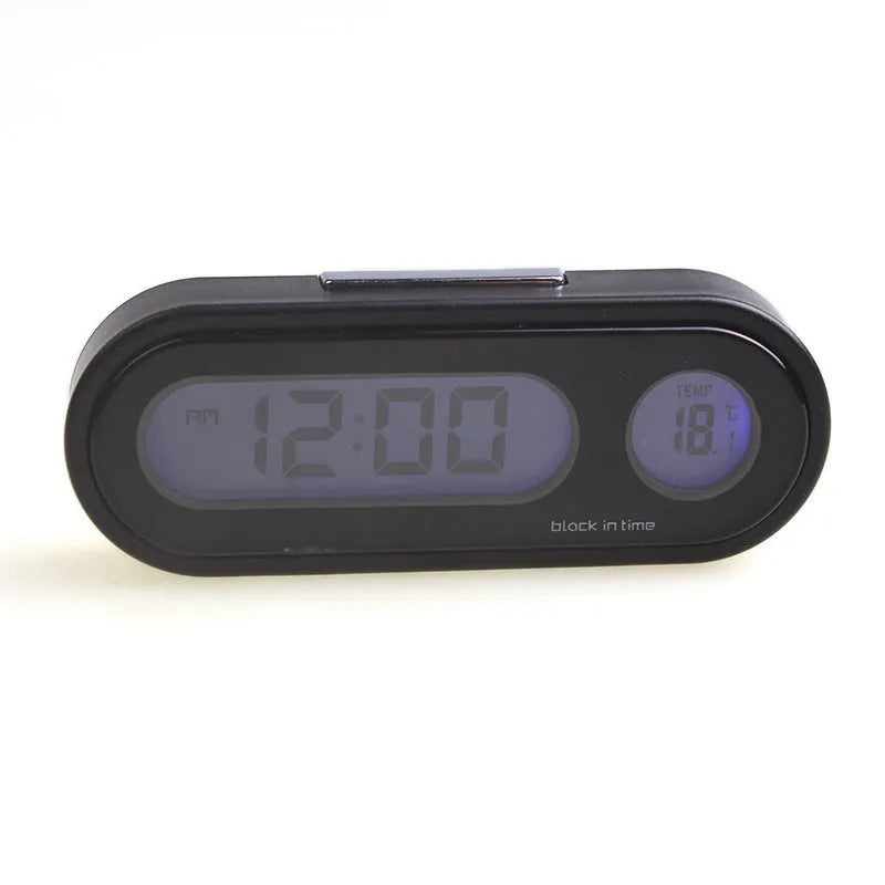 Black car clock thermometer with LED display and adjustable dashboard mounting bracket