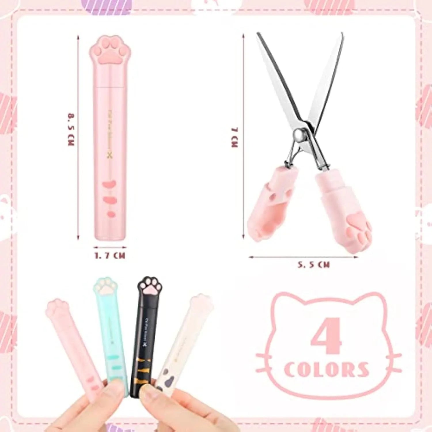 Cat paw mini folding scissors showing stainless steel blades and compact 8.7cm dimensions