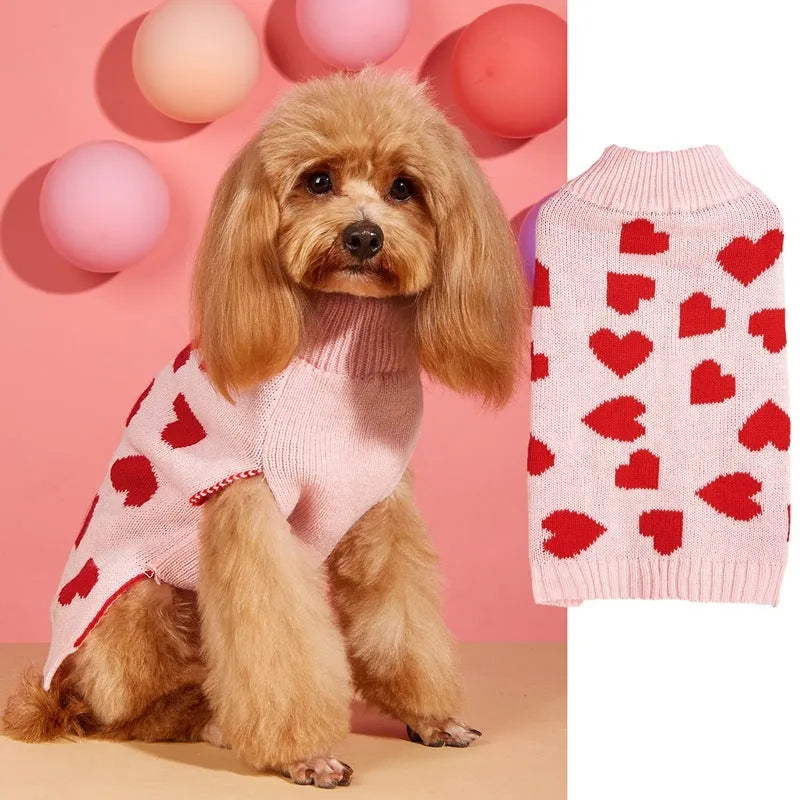 Red love heart design dog sweater with bow detail on acrylic pet clothing