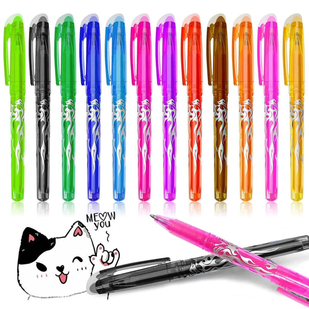 Heat-erasable gel pen set with plastic shells and stainless steel nibs in multiple colours