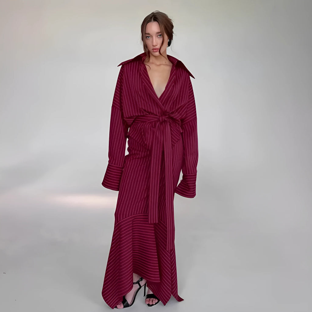 Women's simple casual hip skirt set in red plaid polyester with shirt-sleeve top and matching dress, autumn retro style