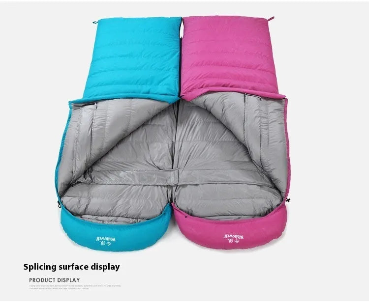 Black outdoor down sleeping bag with envelope construction for adult camping use
