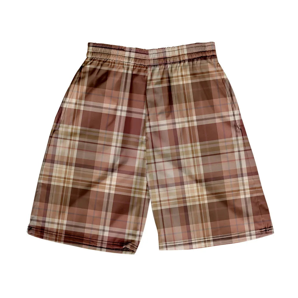 A pair of men's plaid pattern shorts with an elastic waistband, shown in a solid colour.