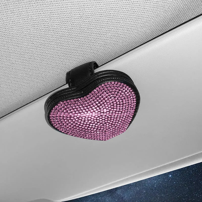 Diamond-encrusted PU leather car sun visor clip with magnetic closure for glasses and document storage