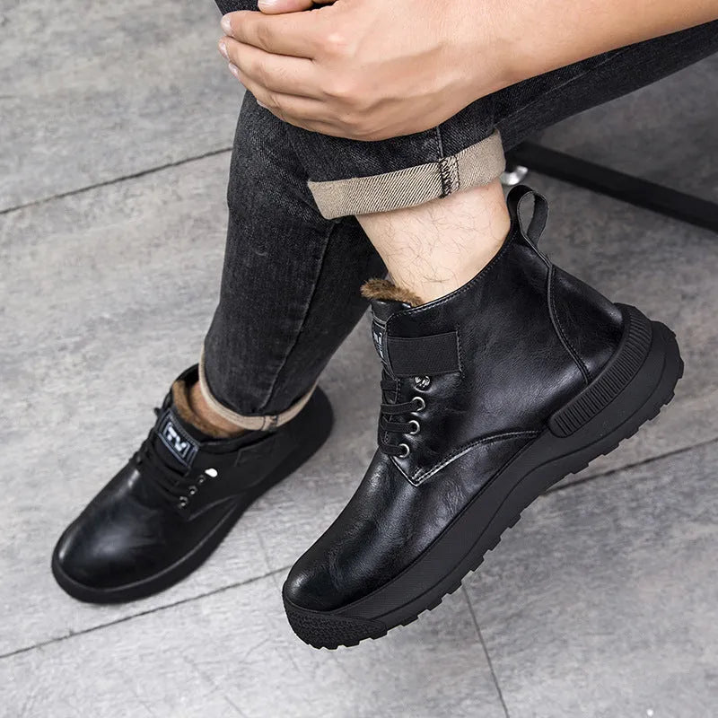 Black platform Martin boots with velvet artificial PU upper and rubber sole showing high-top design