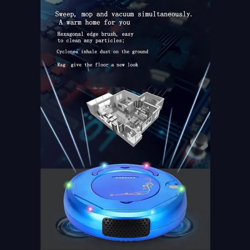Blue robotic vacuum cleaner on hardwood floor with charging cable and cleaning accessories