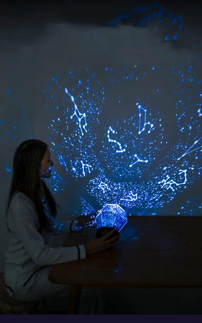 Children's rotating stars LED night light projecting coloured star patterns on bedroom wall