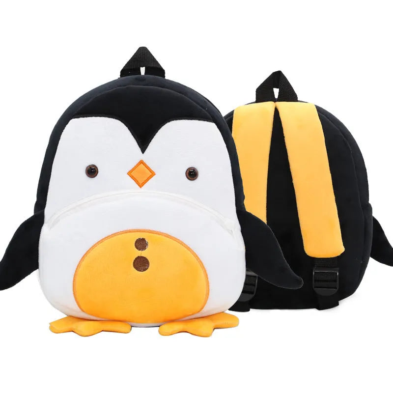 Children's plush animal backpack with zipper opening showing elephant design and dimensions 26x24x10cm