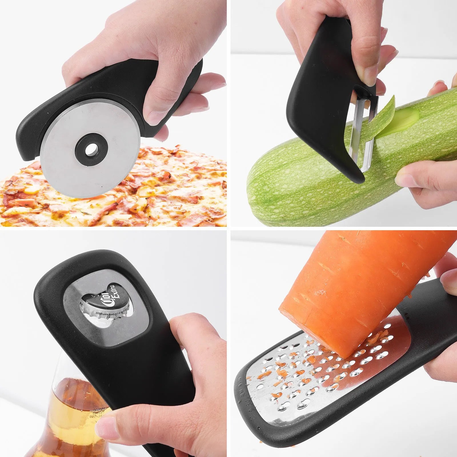 Six stainless steel kitchen gadgets and a brush stored in a modern simple colour box.