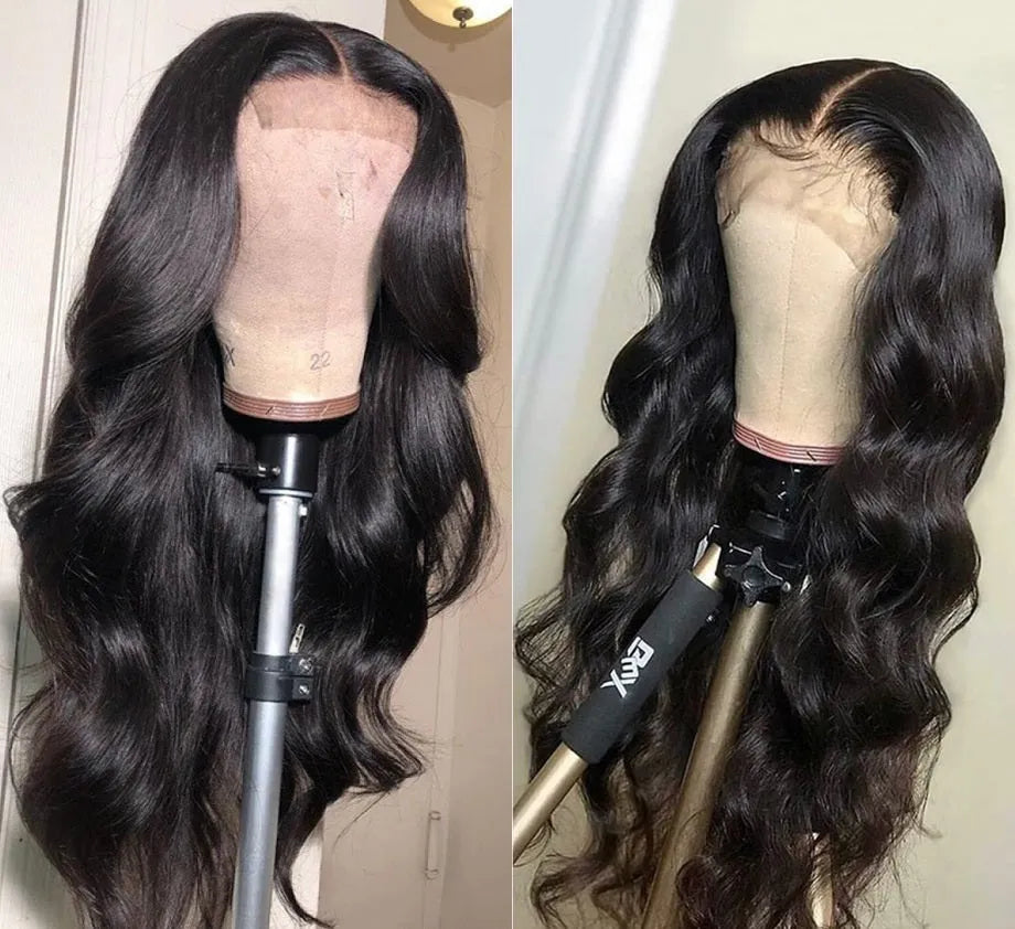 Body wave lace front wig with 13x4 lace closure, real human hair, medium length body wave style