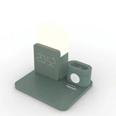 3-in-1 multi-function Qi wireless charging stand in dark green, light green, or black colour options.
