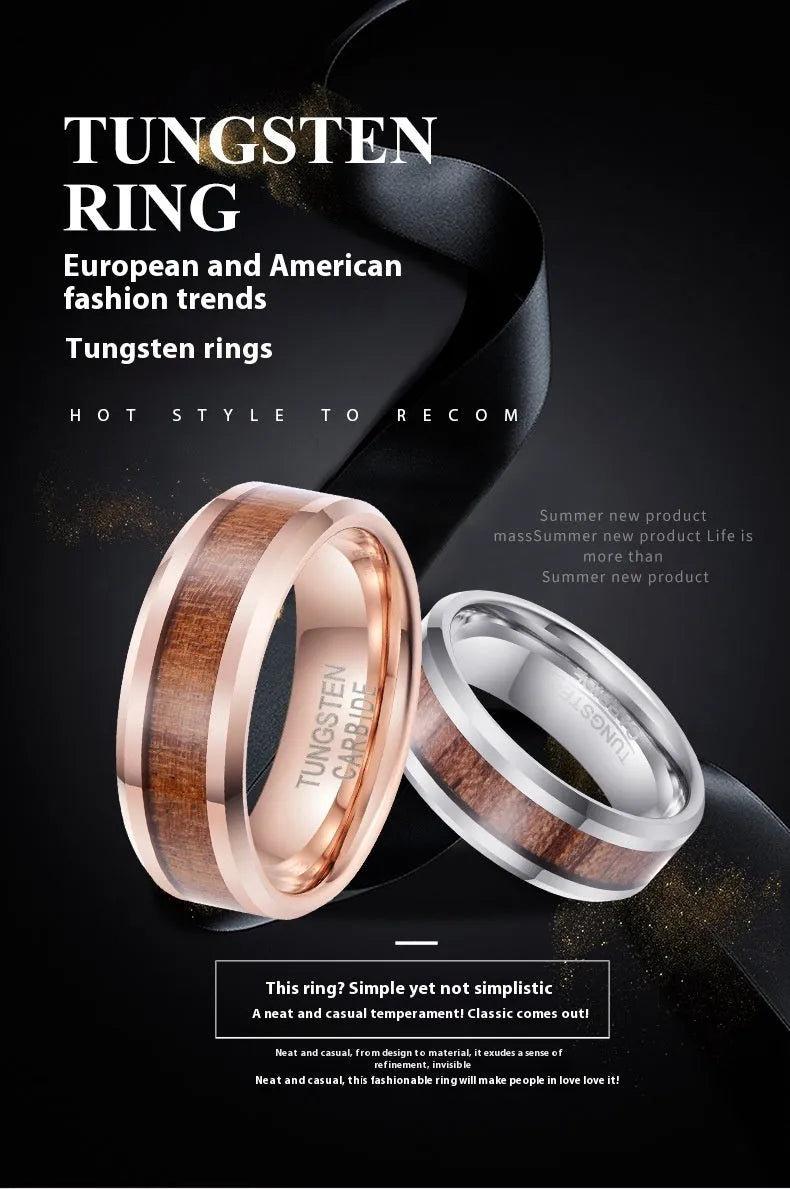 Ugyen tungsten ring with wood and leather inlay showing 8mm width and U-shaped profile