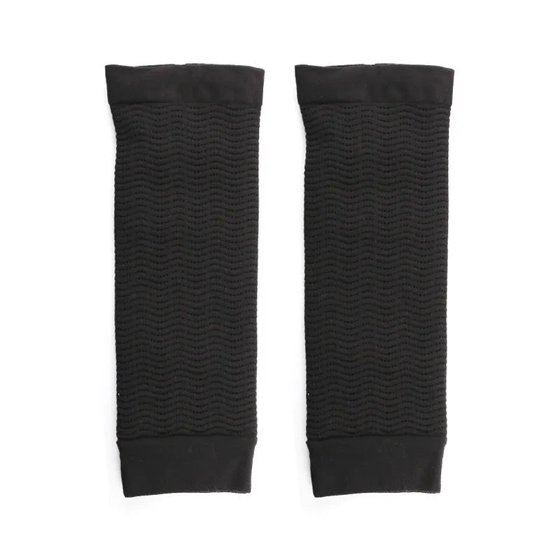 Women's black arm sleeves for upper arm shaping and coverage with stretch nylon fabric