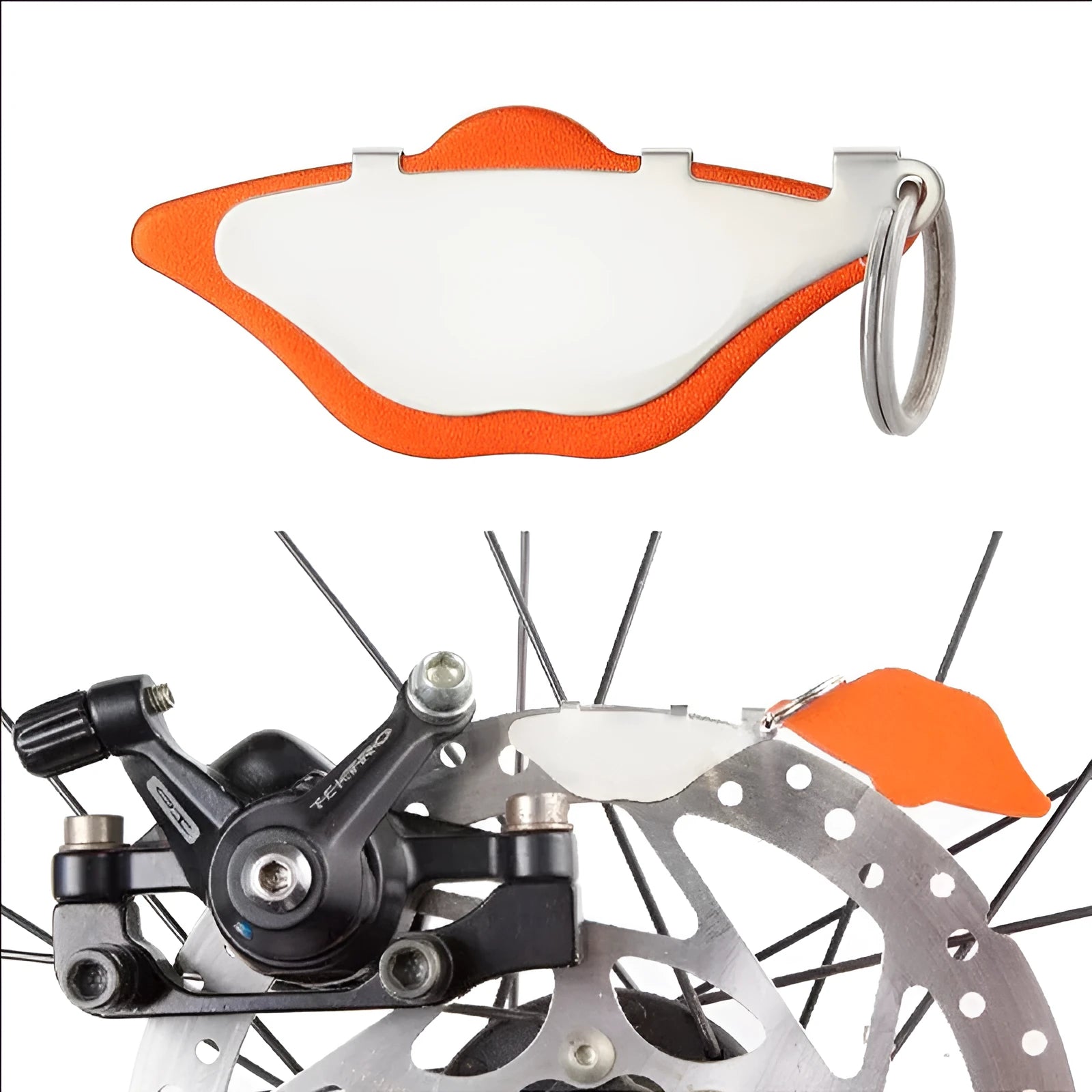Mountain bike disc brake linings with adjustment flap in black and orange colours