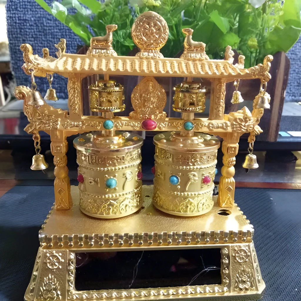 Traditional Chinese alloy prayer wheel car decoration for licence plate measuring 12×15×8cm